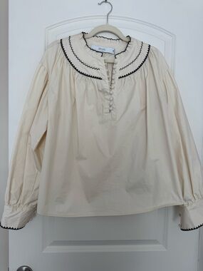 Luxe Cream Ruffled Collar Button-Front Blouse with Black Trim